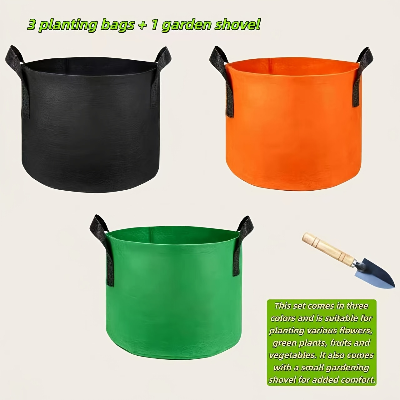 TEMU Lot de 3/7 Sacs de Plantation Colorés Robustes en Tissu Non Tissé + Truelle de Jardin—Jardinières en Tissu Réutilisables et Pliables avec