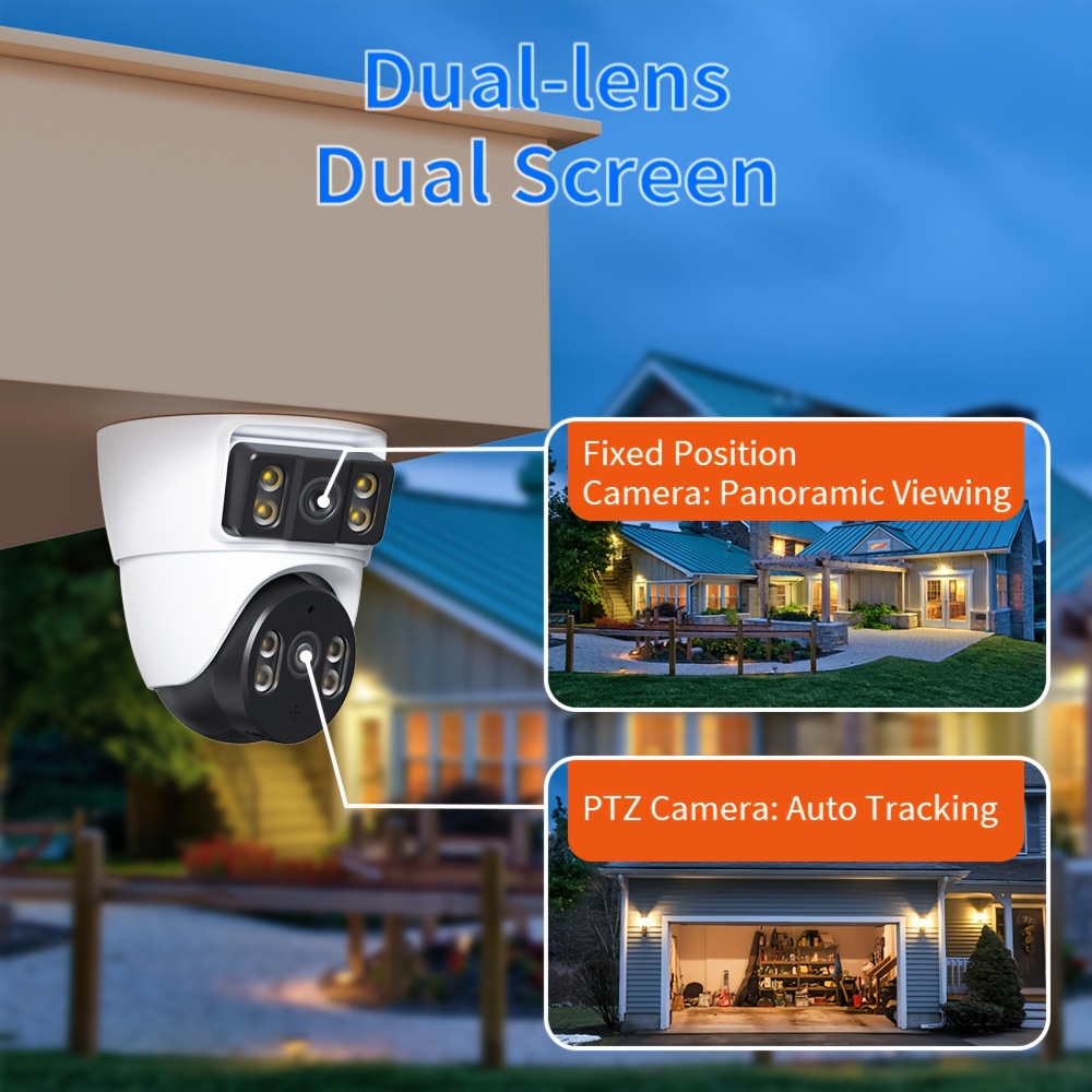 Image illustrating the dual-lens, dual-screen feature of the camera, showing a fixed panoramic view from the top lens and an auto-tracking PTZ view from the bottom lens.