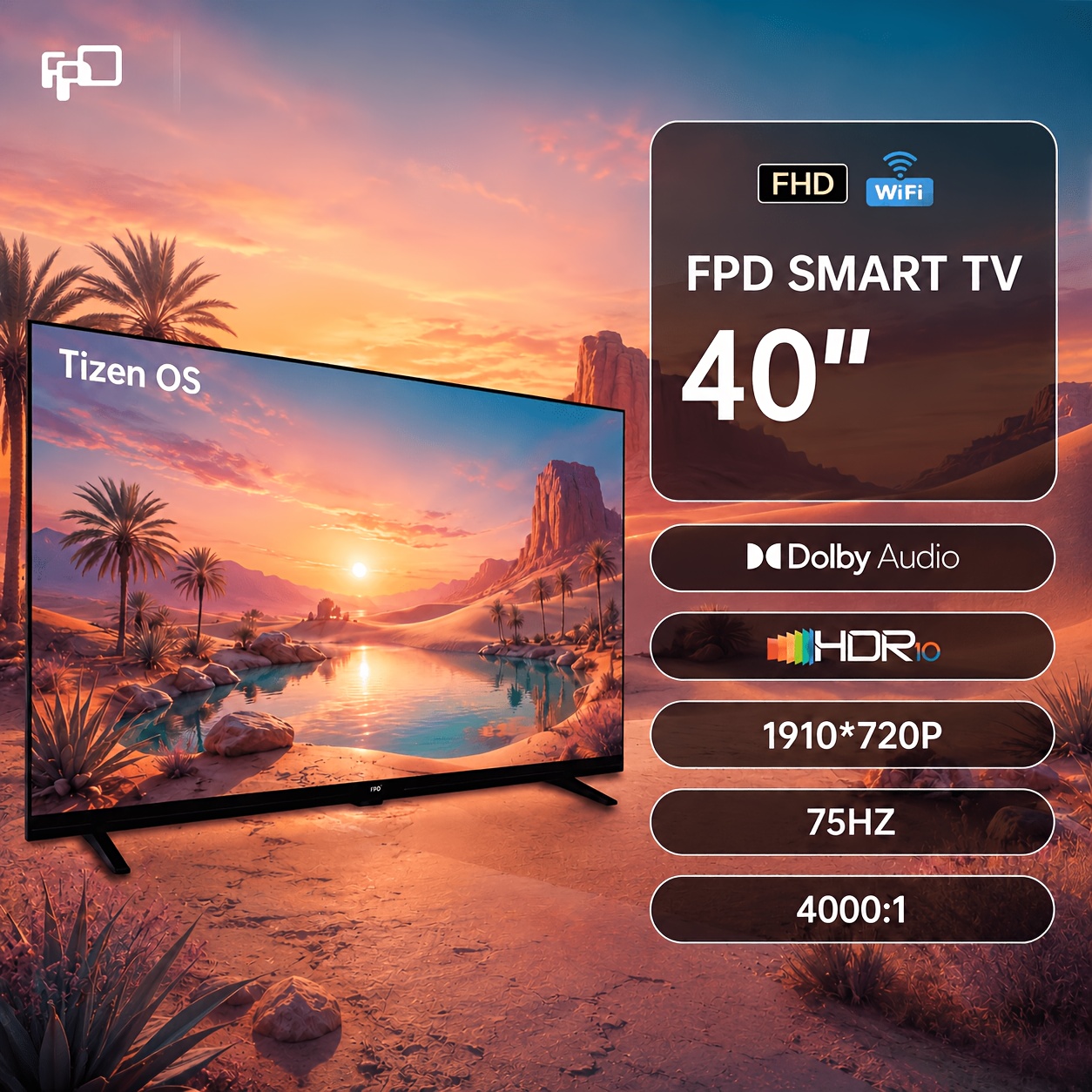 TEMU FPD 2025 Nouveau Téléviseur Intelligent FPD 40 Pouces Écran Plat HD, Modèle CAAT40-Tu, Télé Télévisée Intelligente OS, HDR10, Audio, , , de Jeu,