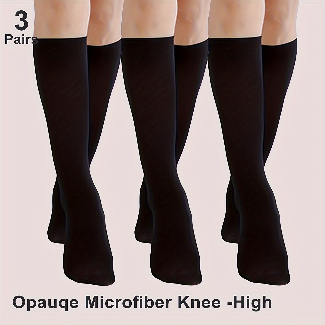 

3 Pairs Women's Opaque Knee-high Socks, Nylon With Elastane, Solid Color Knit Fabric, Soft Microfiber For Fall And Winter