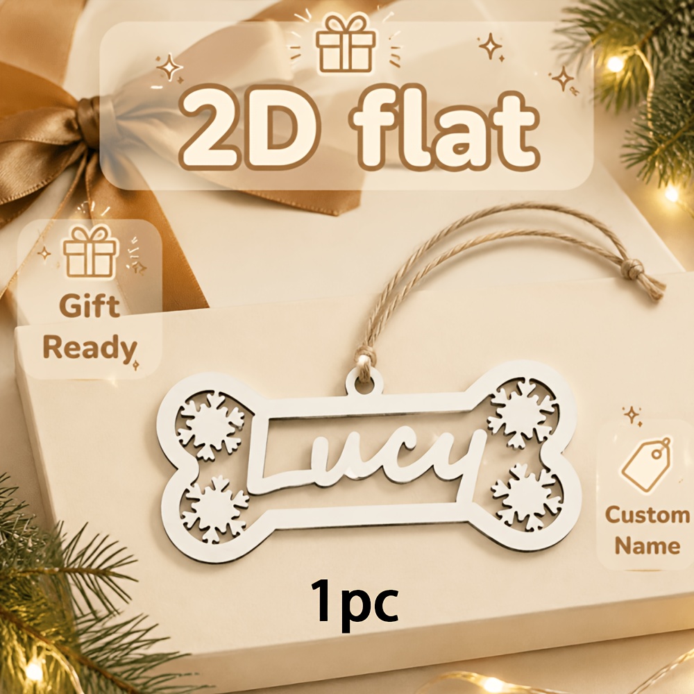 TEMU 1pc Ornement de Noël en bois plat 2D personnalisé fait main, Design squelette en bois avec nom personnalisé, Pendentif de voiture, Thème chien ,