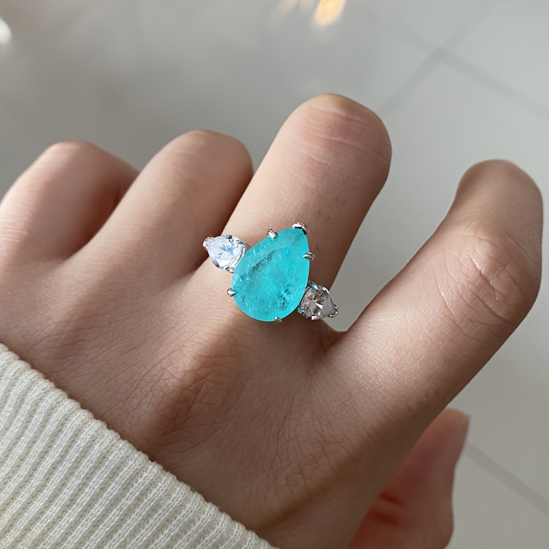 Women's Teardrop Blue-Green Gemstone Ring in Silvery Setting