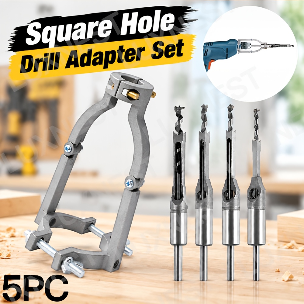 Image of 5pcs Precision Woodworking Adapter Set, Fixed Bracket Square Hole Drill Bit, Drill Guide, Compatible With Electric Drills For Woodworking, Square Hole Drill Artifact, Woodworking Drilling Tool