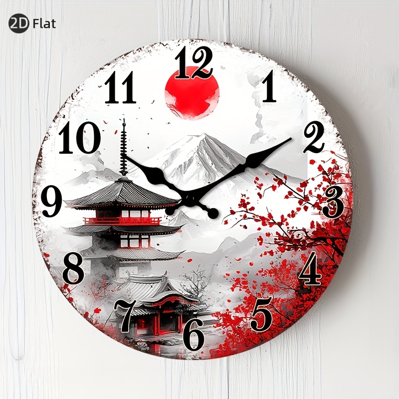 1pc 2d flat wall clock non ticking wooden circular clock japanese inspired landscape with cherry   design for kitchen home office library hallway apartment 10 12 14 16 no battery 2d flat