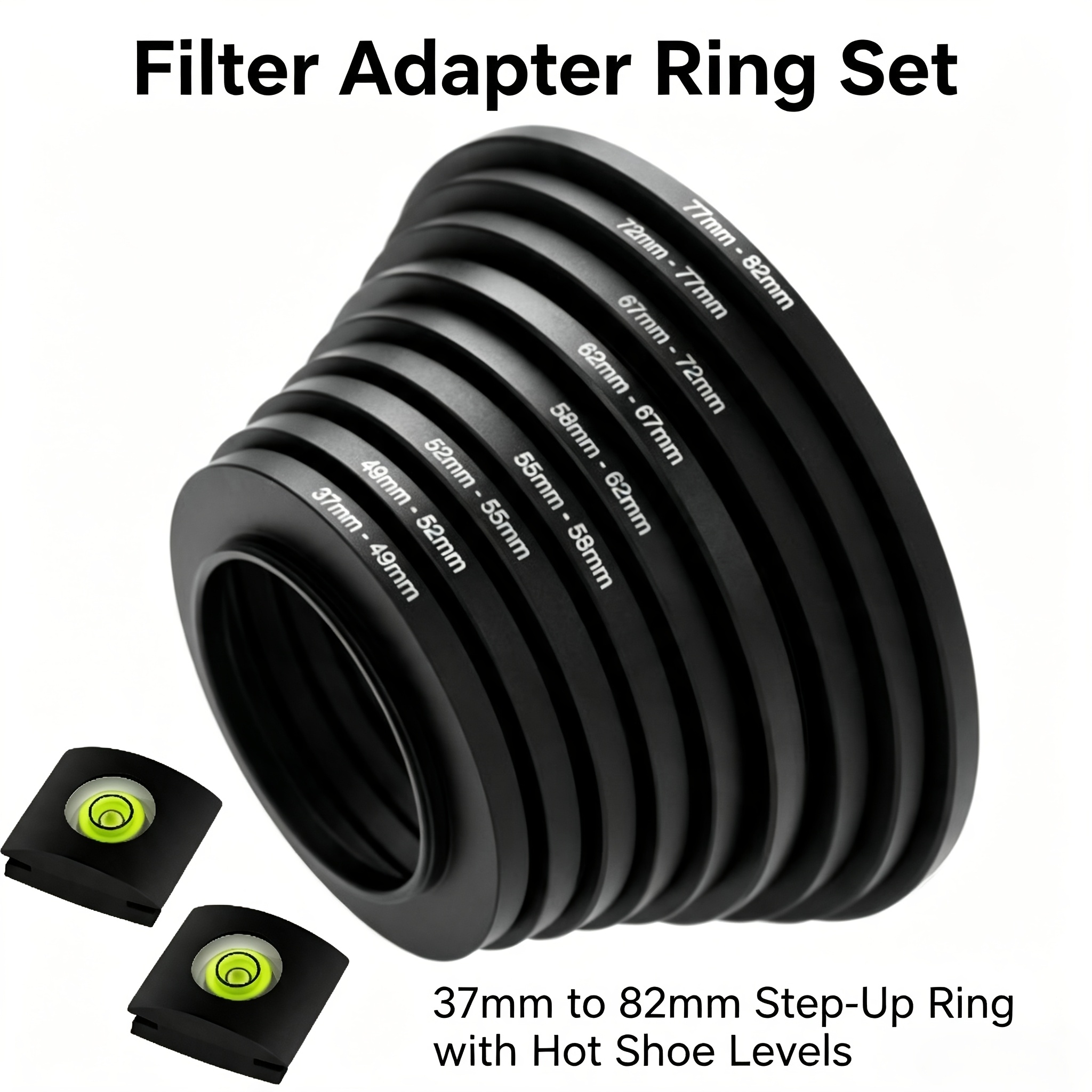 TEMU 37mm-82mm Step-up Filter Adapter Ring Set With 2pcs Hot Levels, Universal Metal Lens Filter Converter Rings, Camera Spirit Level Accessory Kit