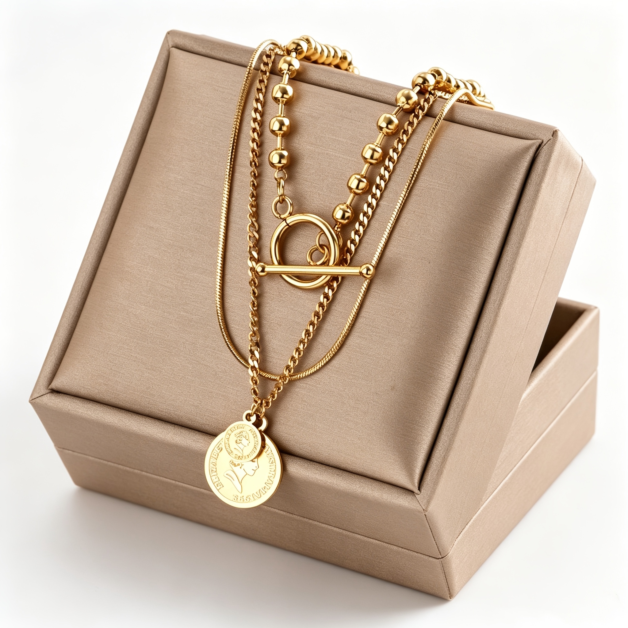 TEMU European And Triple Layered Golden Round Badge Portrait Pendant Necklace Women' Steel Ot Round Bead Snake Bone Chain Light Luxury Niche Hip-hop