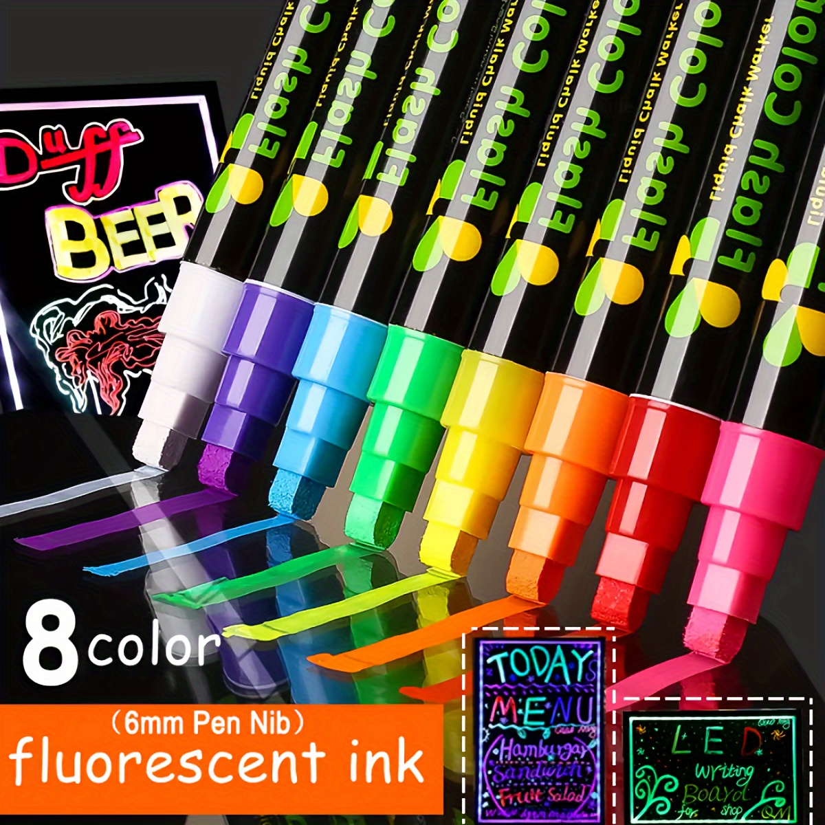 

Fluorescent Chalk Marker Pens, Pack Of 8, Wet Erase For Glass, Blackboards & Non-porous Surfaces, Washable - Ideal For Students, Artists & Celebrations, Age 14+