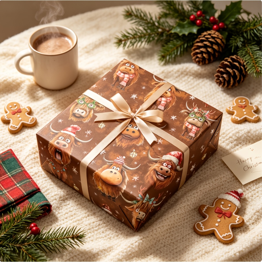 TEMU Weihnachtsgeschenkpapier 1 Rolle 43 cm (17 x 118 Zoll), brauner Hintergrund, niedliches Comic Highland Kuh Weihnachtsmuster Geschenkpapier, zur