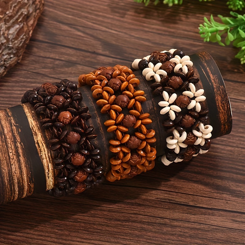 3pcs/set Elegant Easy Elastic Carved Floral Wooden Bead Bracelets For Women (random Wooden Beads)