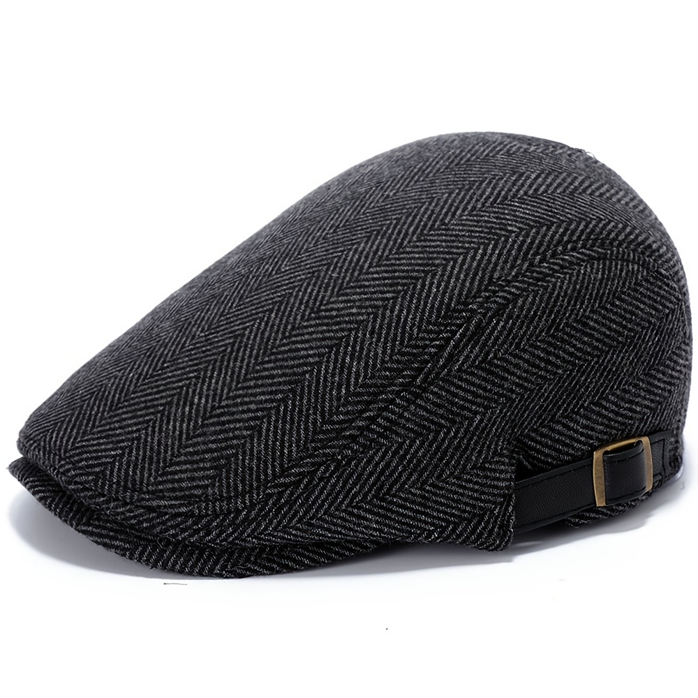 TEMU Men's Vintage Herringbone Ivy Flat Wool Warm Newsboy With Adjustable Metal Buckle Classic Retro Driving Beret Hat Fashion Autumn Winter Headwear