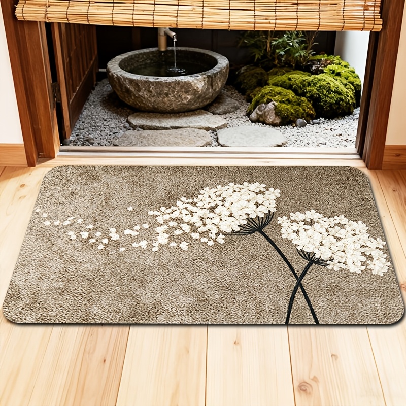 TEMU 1pc Easy-to-bloom Fluffy Doormat, Plush Material, Suitable For Hallway Living Room Entrance, Elegant White Dandelion Line Printed Doormat,