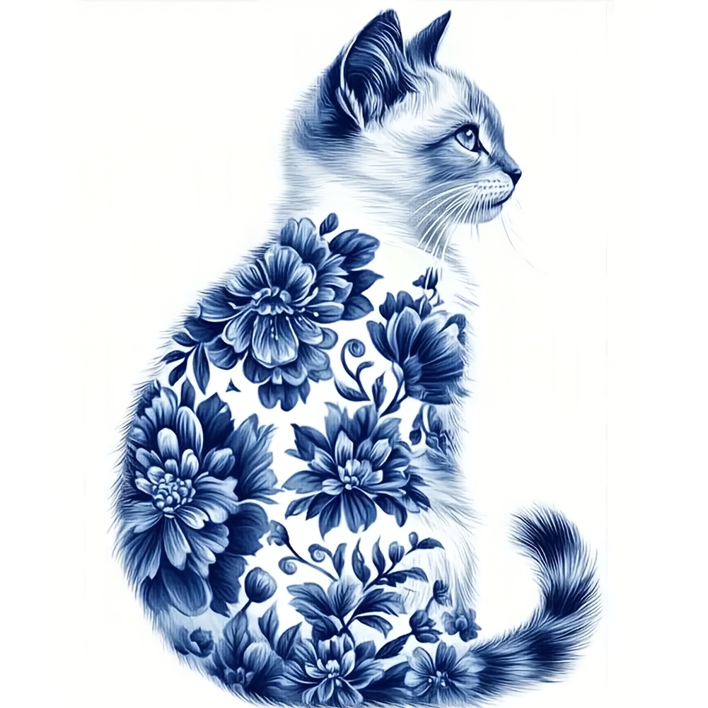 

Diy Blue Floral Print Cat Stitch Kit - Premium Color , 11ct Embroidery Set For Home Decor, Entryway, Study, Bedroom - Canvas Craft