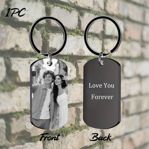 1 photo text engraved keychain personalized dog tag style mens boyfriend dad key chain durable metal gift for fathers day holidays and special occasions dog pendant key chain