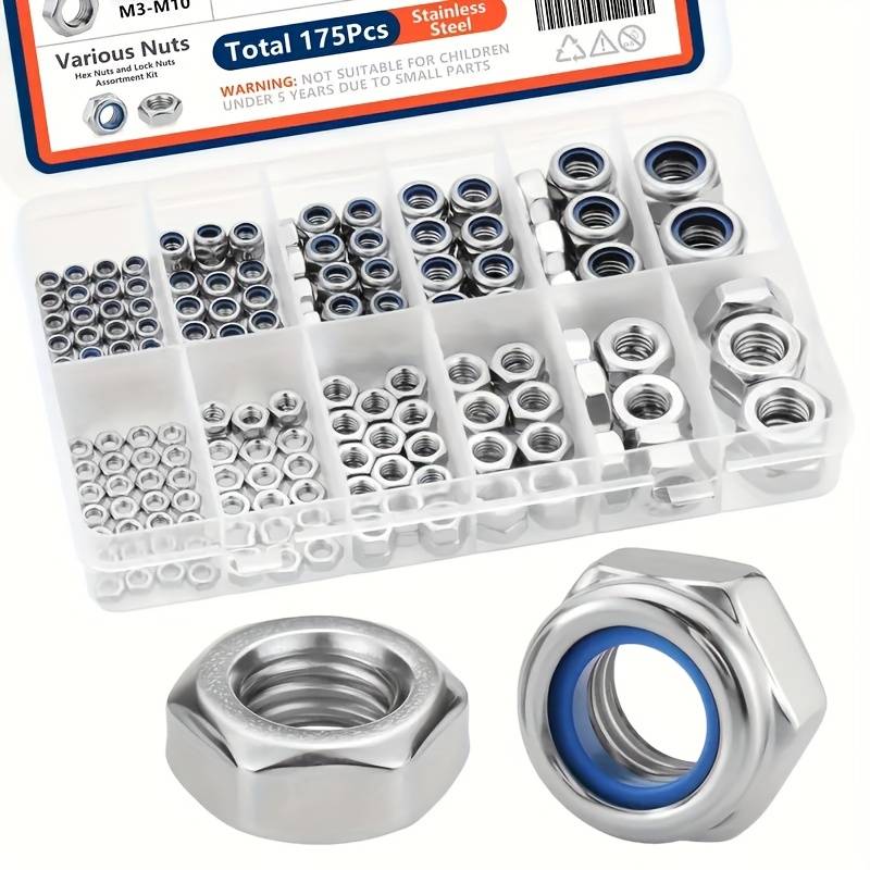 175-Piece Stainless Steel Nylon Insert Lock Nut Kit – M3 To M12 Metric Hex Nuts