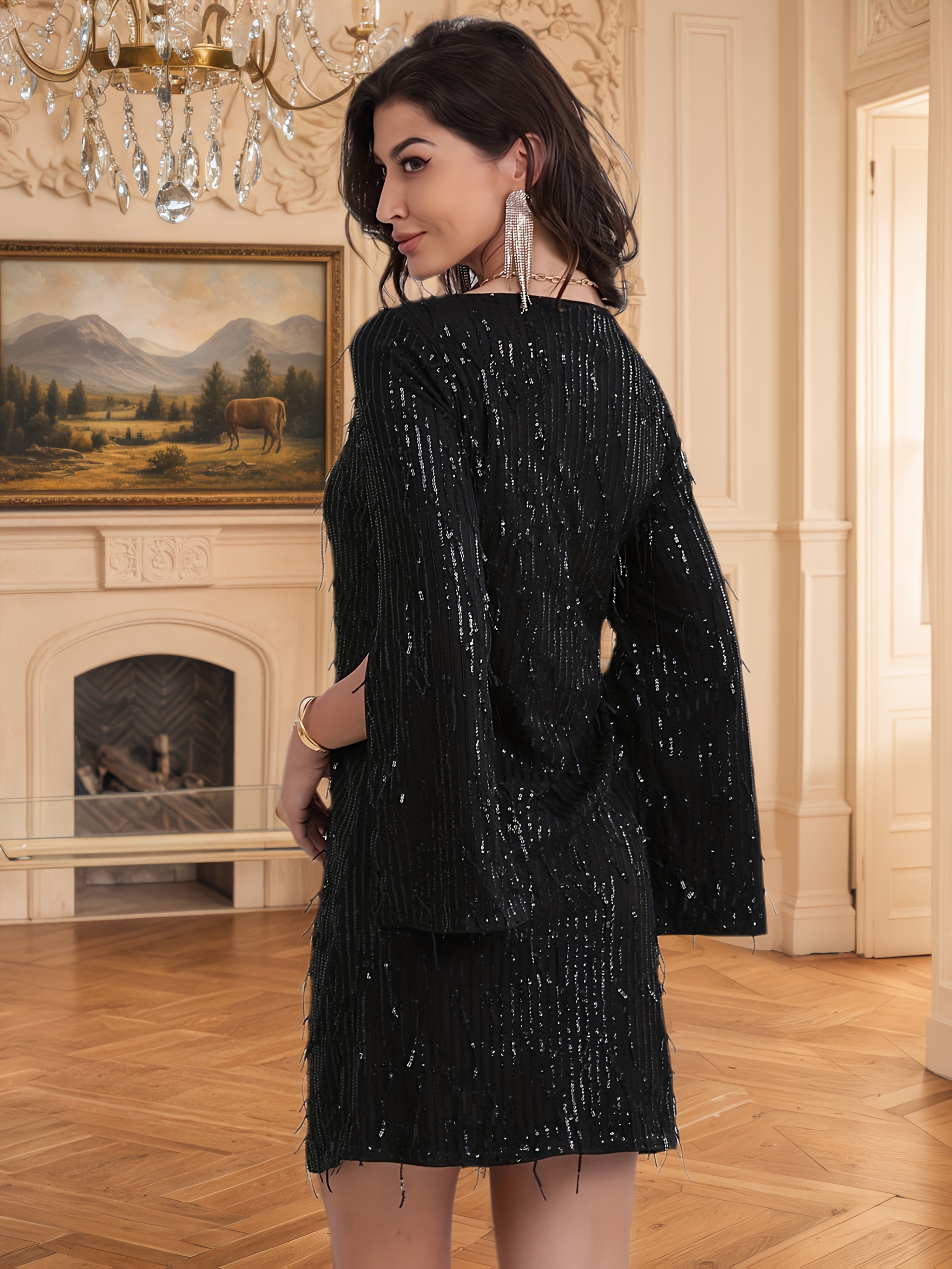 elegant casual v neck sparkling sequin tassel long sleeve - Temu Oman
