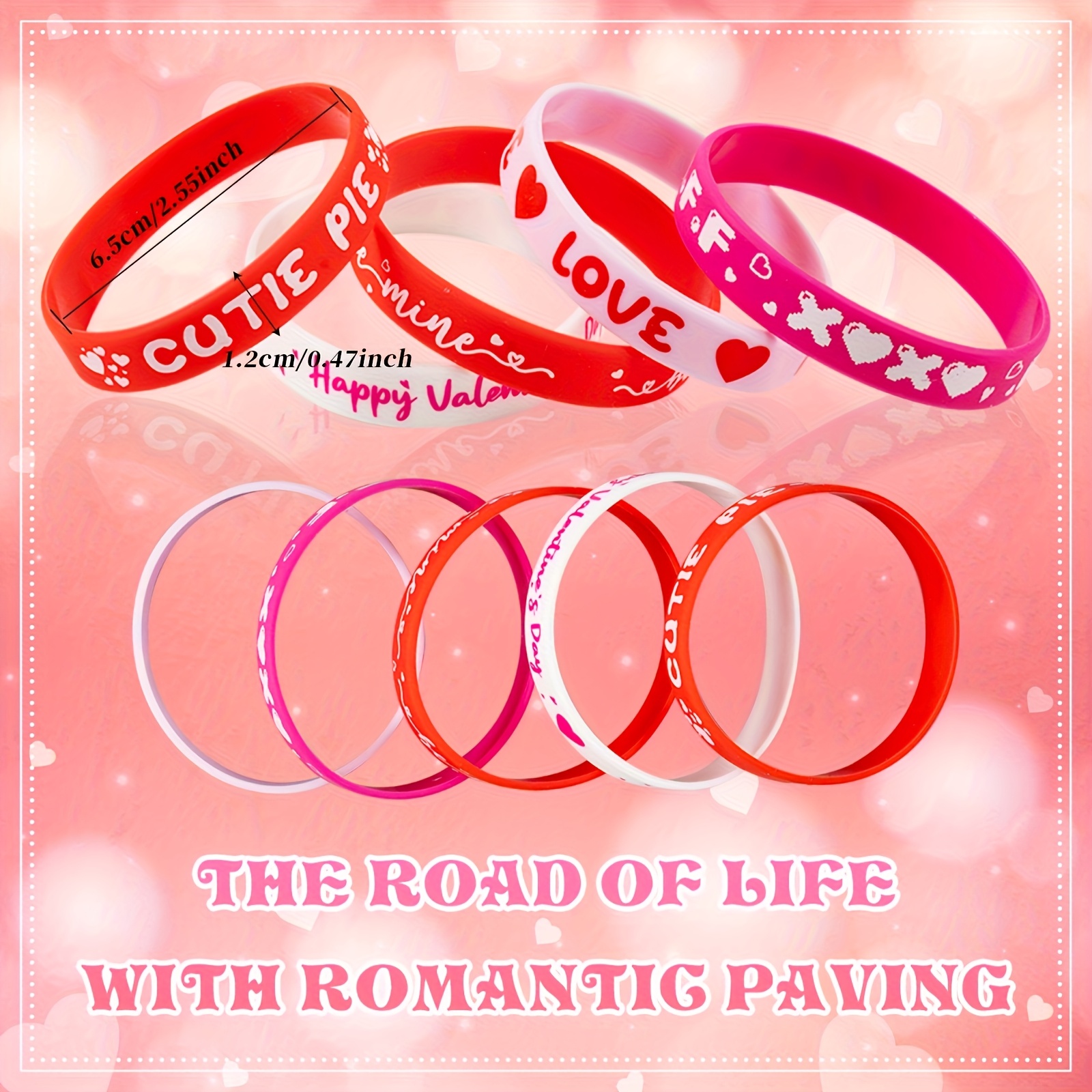 TEMU 60pcs Bulk Romantic Wristbands Set For & - Pink & Red Heart Charm Bracelet-like Bands With Bff,, Phrases (, Cutie Pie) - Valentine's Party Favors, Friendship Gifts, Wear