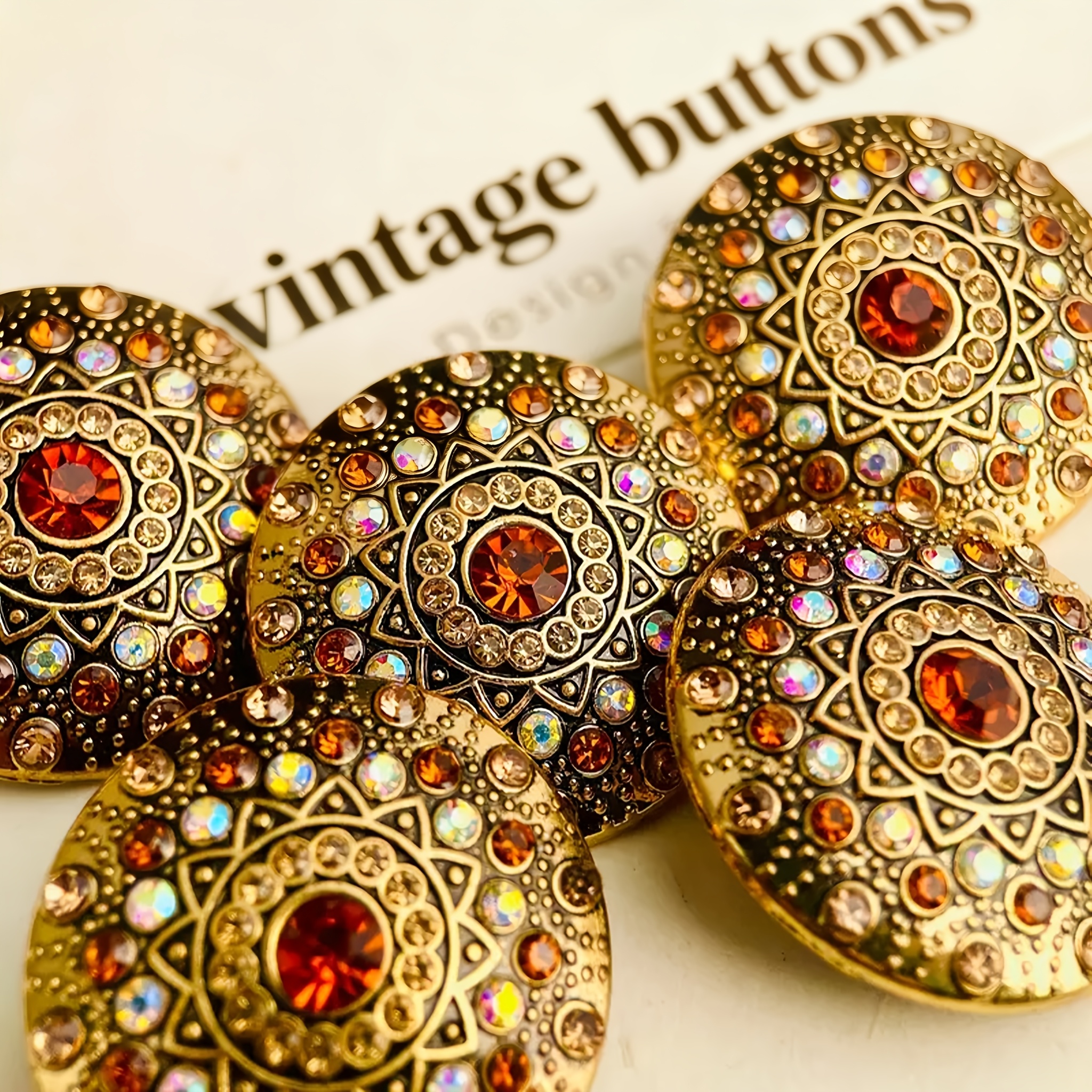 TEMU 5pcs Traditional Vintage Decorative Buttons , Gold-plated Ethnic Patterns, 27mm, Mixed Color Metal
