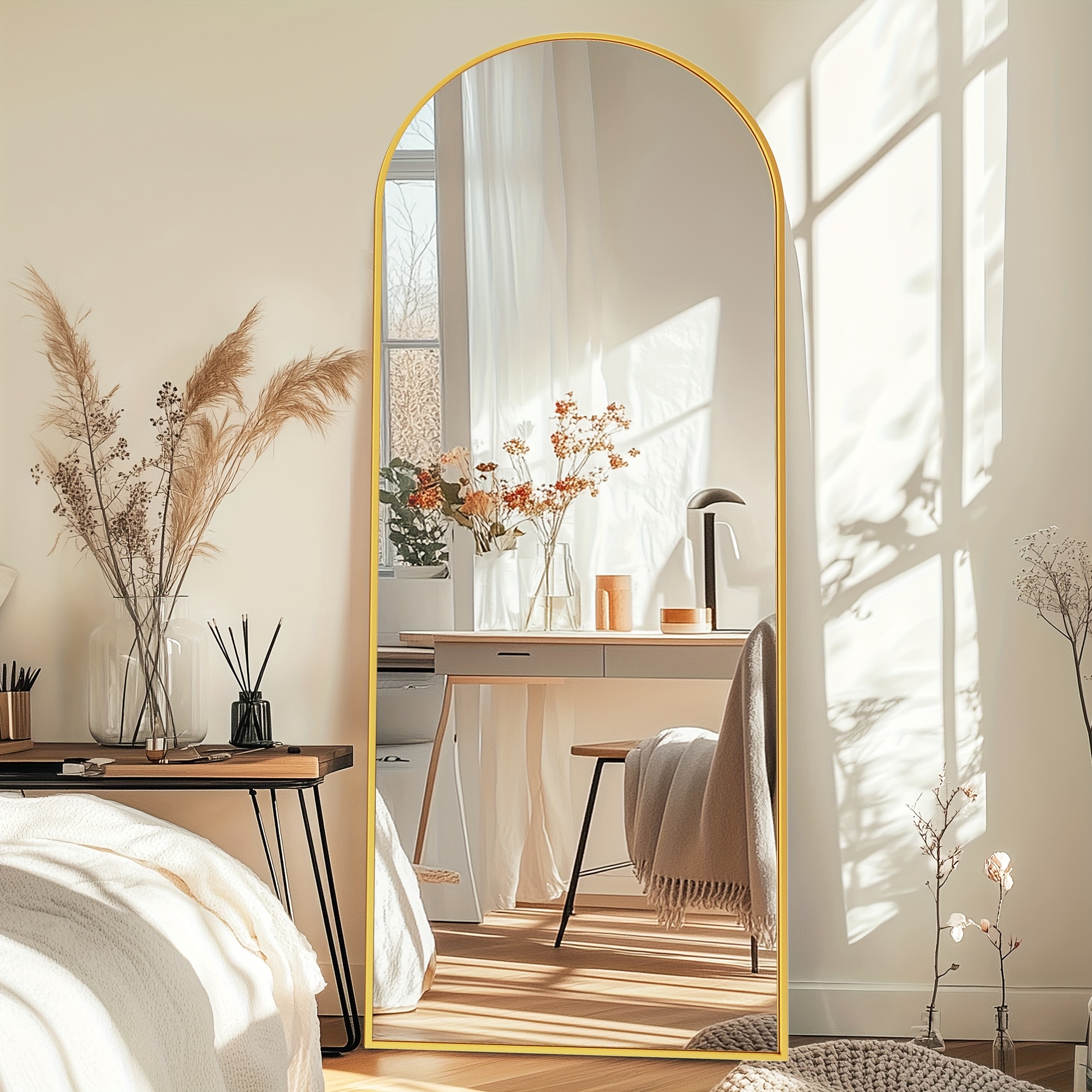 Image of Arched Right-angle Full-size Mirror, 169 Cm X 58 Cm, Floor-standing Full-body Mirror, Unique Vertical Mirror, Black And Golden Metal Frame Mirror, Suitable For Living Room, Bedroom And Bathroom