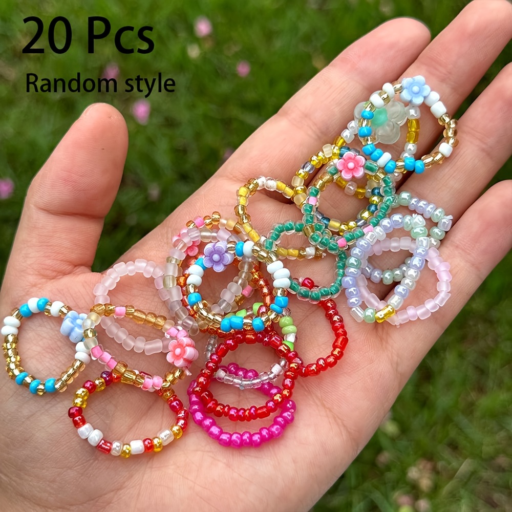 Vintage Boho Flower Ring Set for Women - 20 Pcs Beaded Stretch Rings