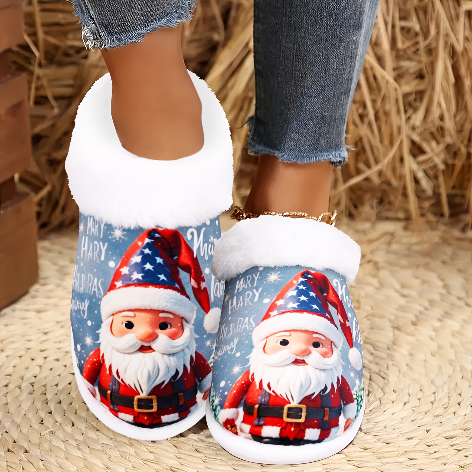Festive Santa Claus Fuzzy Slippers Soft, Cozy Indoor/Outdoor Shoes with  Non-Slip Rubber Sole, Warm Plush Lining, and Merry Christmas D