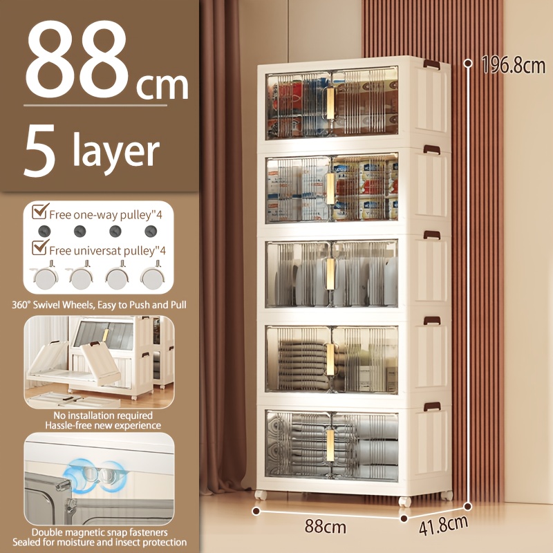 E-shop 88cm Extra Großer Faltbarer Büro Aufbewahrungsschrank 3/4/5 Ebenen Stapelbarer Kunststoff Organizer mit Deckeln und Rädern Zusammenklappbarer