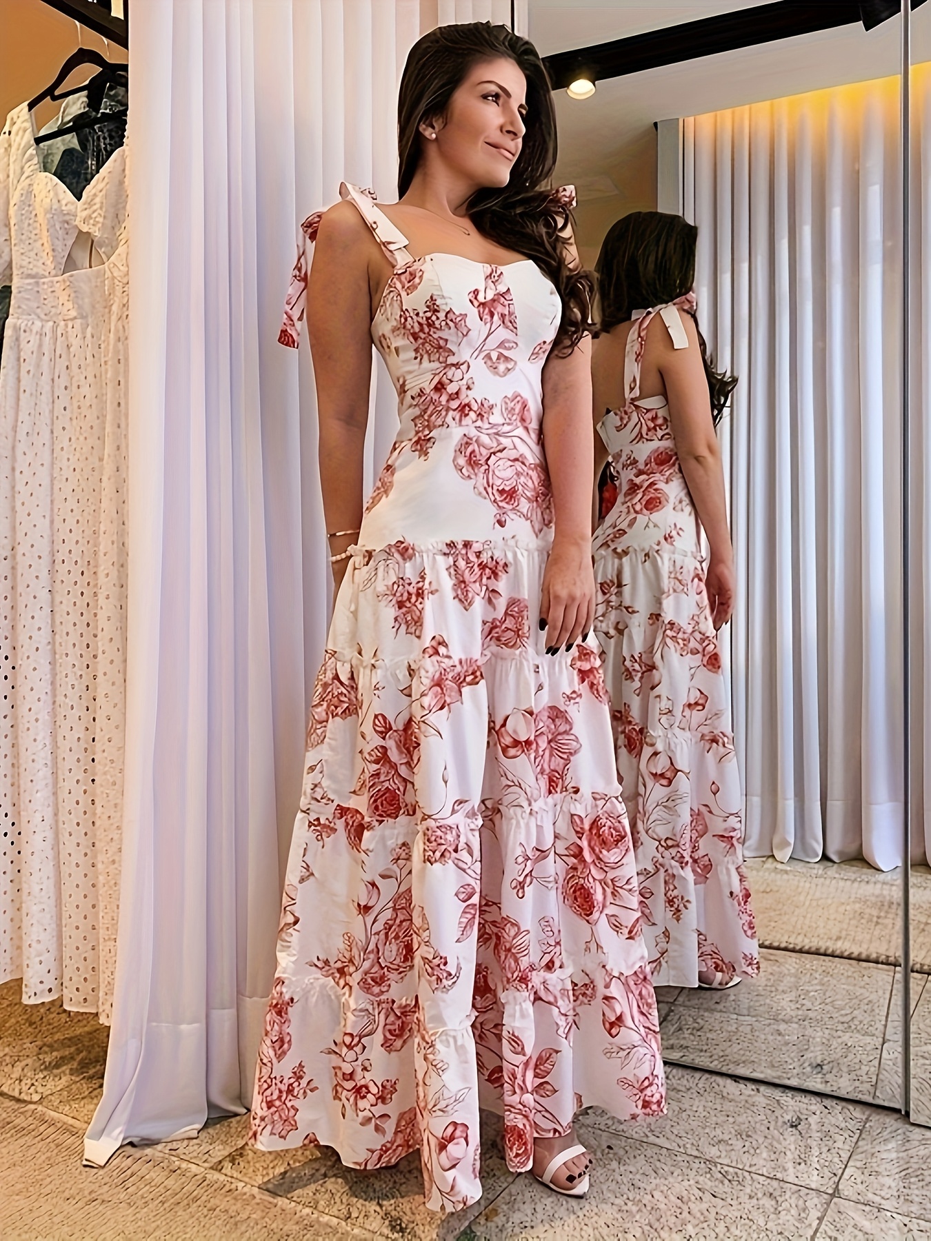 elegant womens long floral dress summer featuring a - Temu Oman