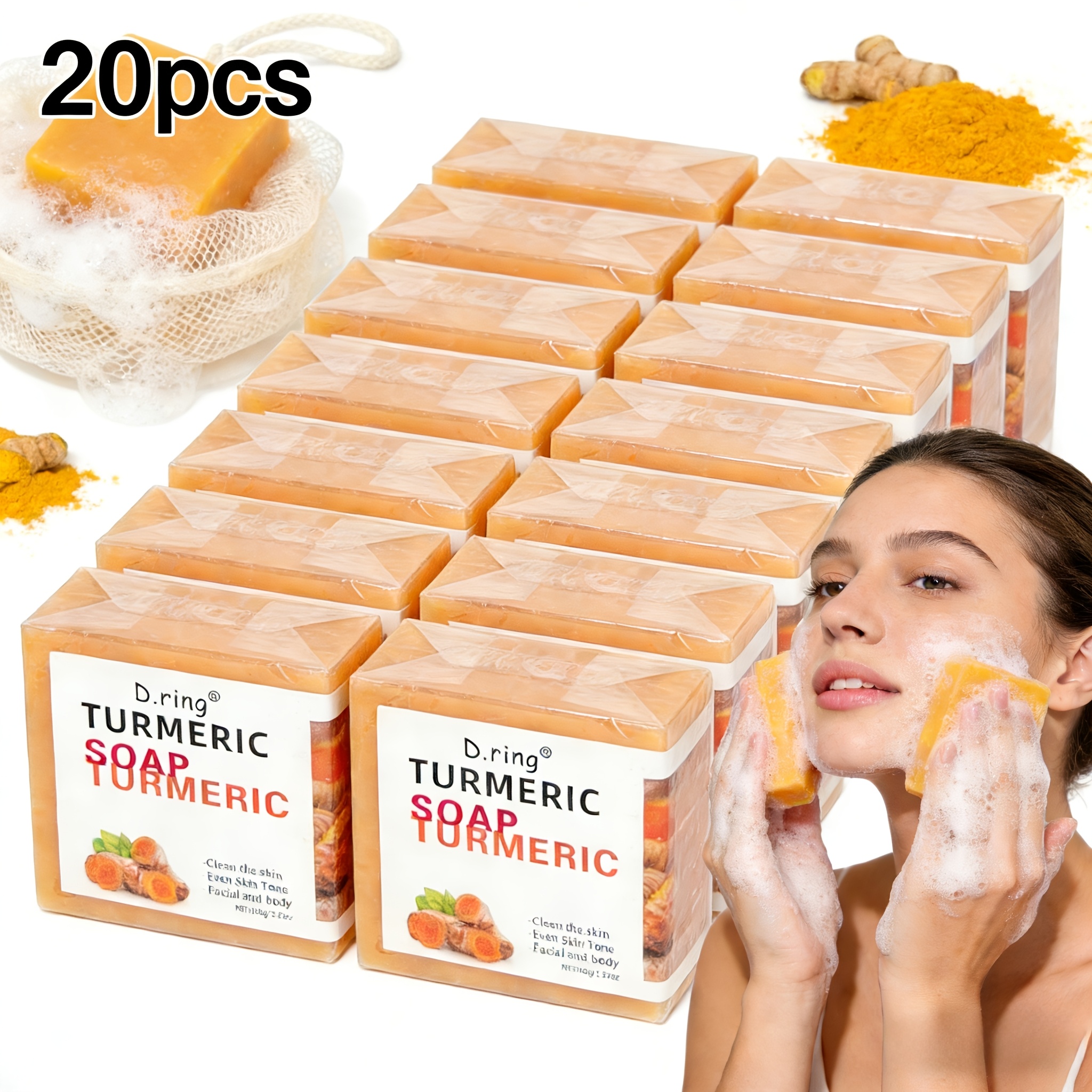 20pcs Turmeric & Curcumin Soap Set With Lemon - Handmade, Alcohol-free, Suitable For All Light Beige Types - Ideal Christmas Gift