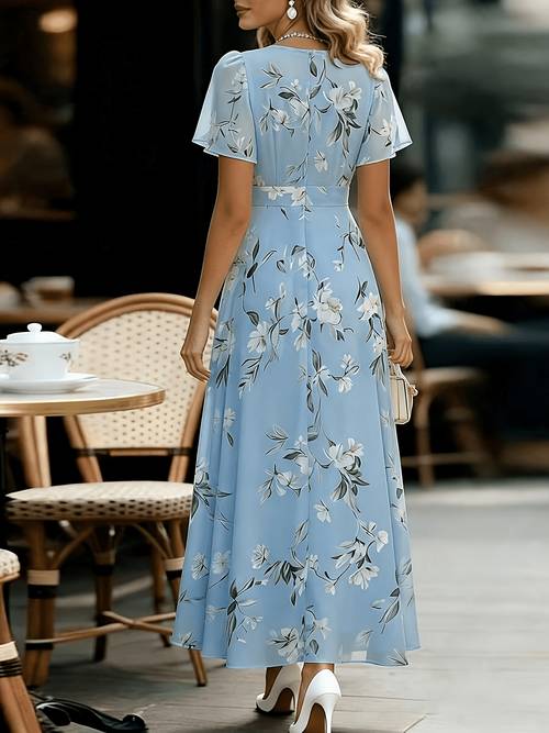 2026 summer new chiffon round neck short sleeve dress suitable for friends gathering wedding shopping waist and large swing long skirt