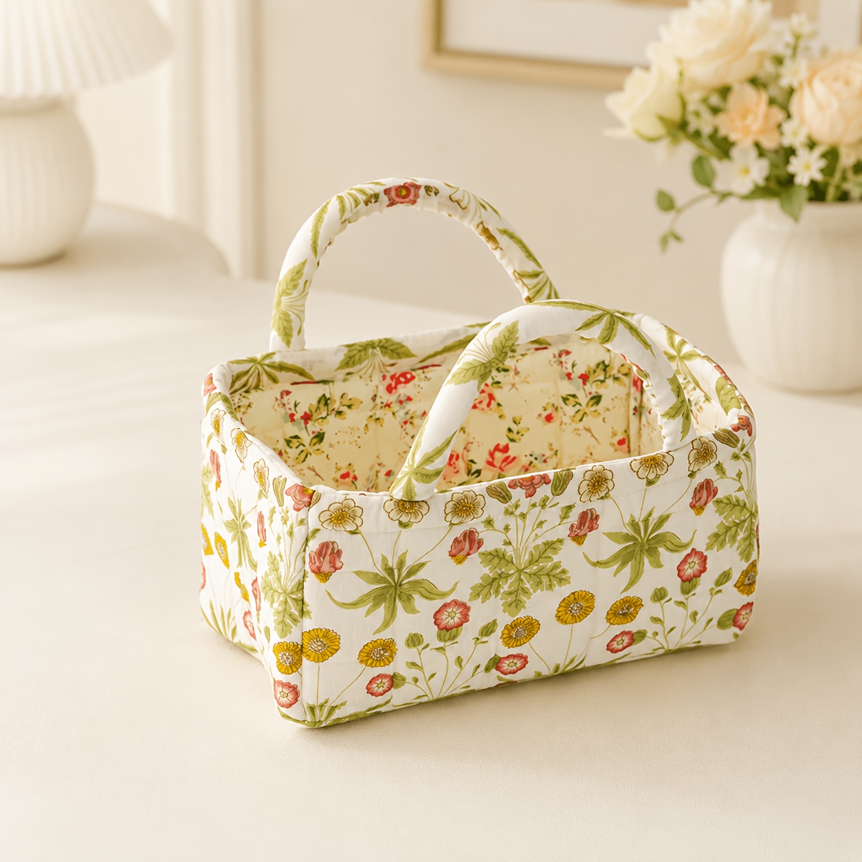 TEMU Panier de rangement en tissu floral avec poignée, organisateur matelassé, convient pour chambre à coucher, salle de bain, placard et étagère,
