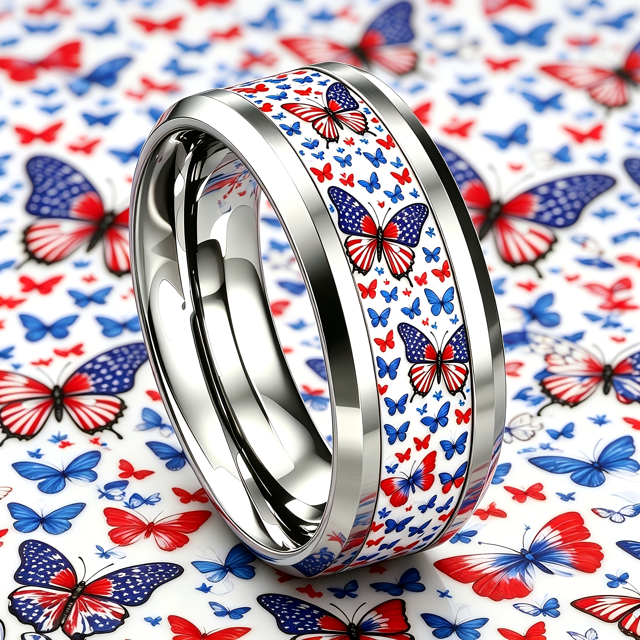 Red White Blue Star-Striped Butterfly Print Stainless Steel Ring