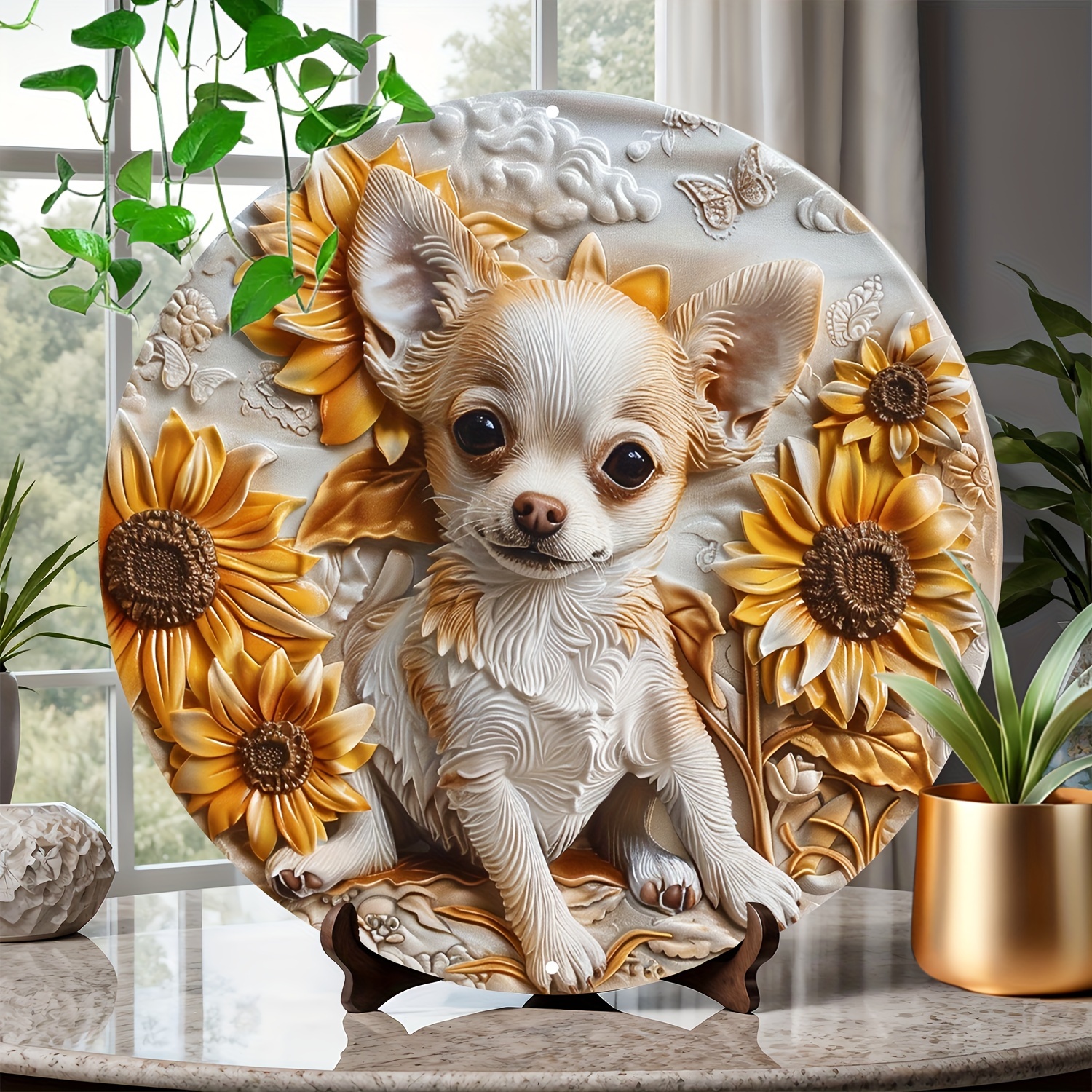 

Charming 8x8" Chihuahua & Sunflower Aluminum Wall Art - Perfect For Home, Cafe, Or Garage Decor