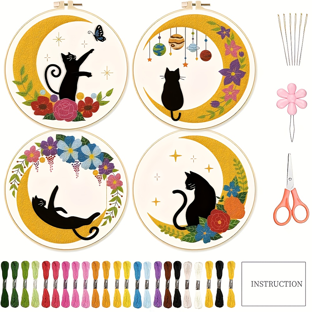 TEMU Ensemble de broderie Chat Lune 4 pièces - pour débutants - Kit de démarrage de broderie à - avec motif floral Chat Lune et instructions, qu'un