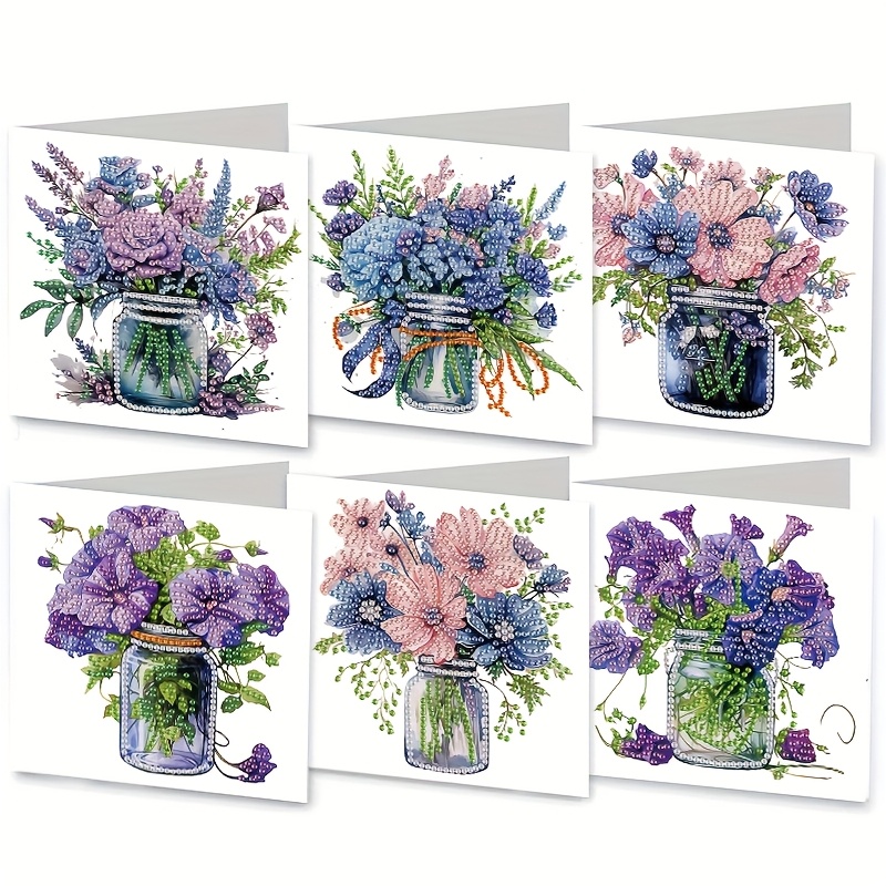 E-shop 6-teiliges DIY 5D Diamantmalerei Grußkarten-Set mit Hortensien & Fliederblumenstrauß im Einmachglas - Unregelmäßig geformte 5D-Diamanten,
