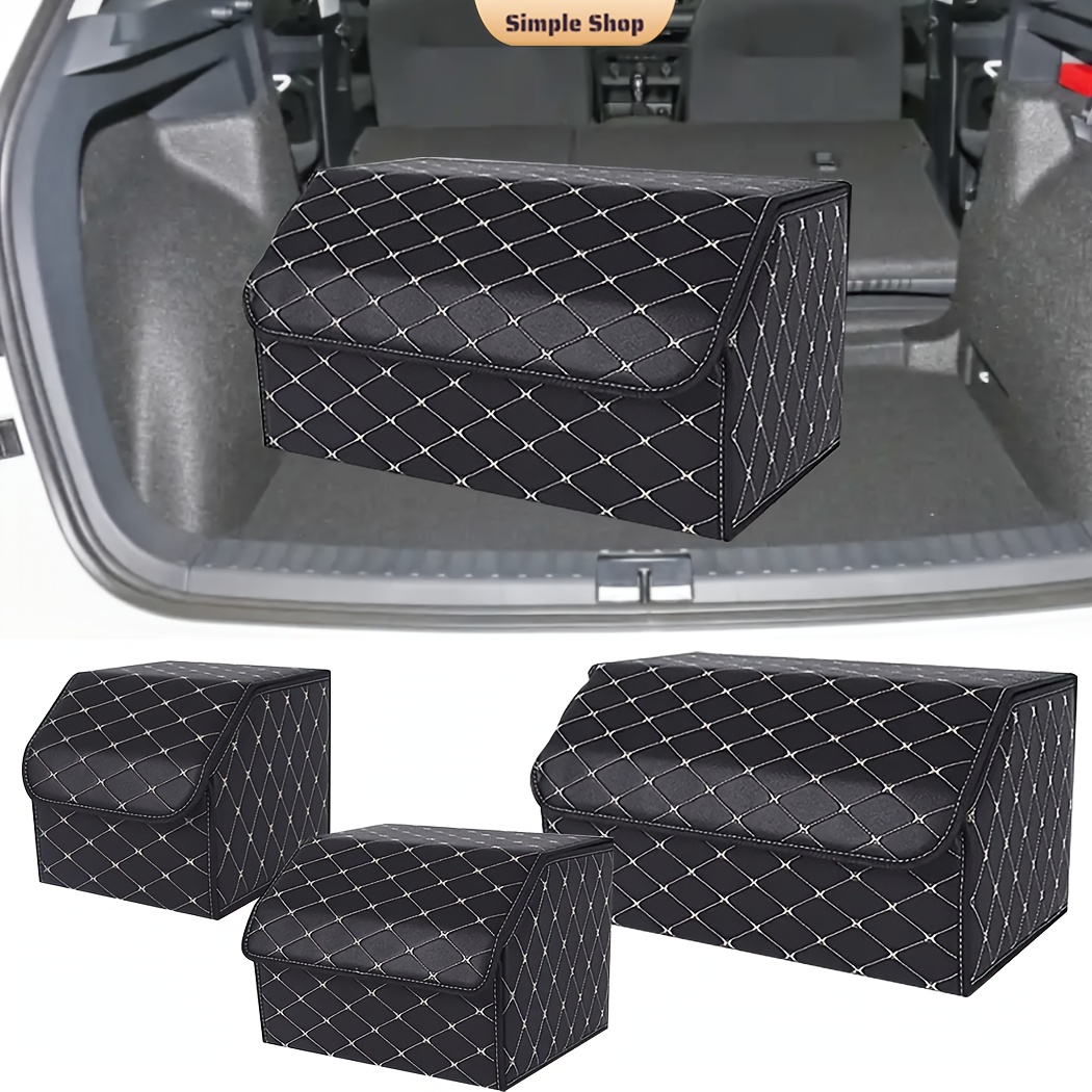 

1pc Pu Leather Collapsible Car Trunk Organizer, Durable Black Storage Box With White Stitching, Vehicle Cargo Carrier With Handles