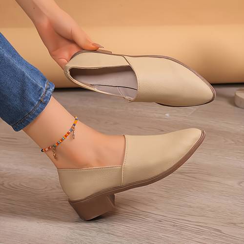 a pair of new comfortable elegant apricot midfollow single shoes women deep mouth with skirt soft synthetic leather thick heel elegant small shoes