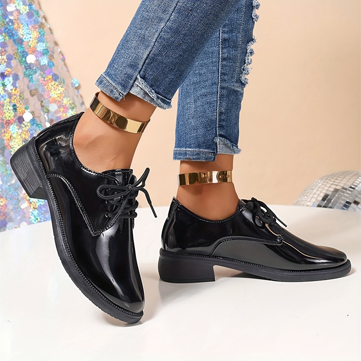 chaussures plates oxford à lacets en cuir noir femmes Temu Canada