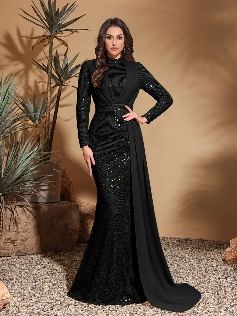 long sleeve mesh dress canada Long Sleeve Mesh Insert Draped Maxi Dress Brown