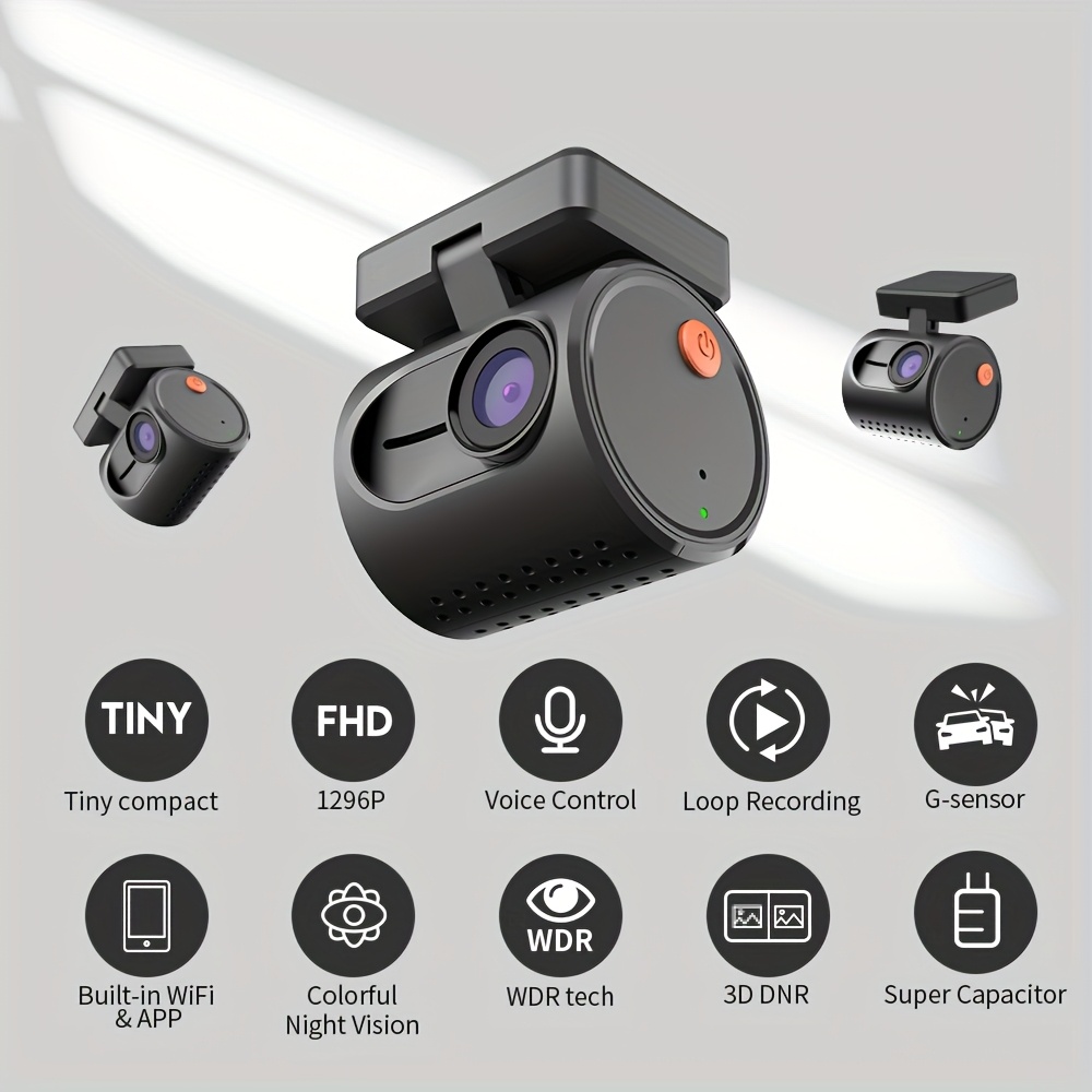 MINI Dash Cam with 1296P HD Video, Night Vision, WiFi, Voice Control,  Emergency Recording DVR, App Monitoring, for Cars, Trucks, S