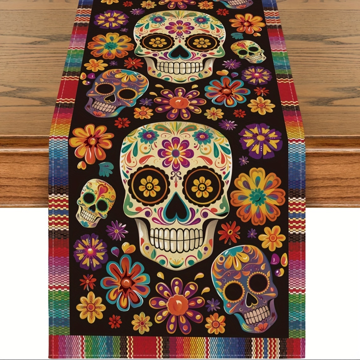 

Day Of The Dead Table Runner - Linen 100% Woven, Pattern, Square Linen Table Runner For Dia De Los Muertos Celebrations, Home Party Decor, Available In 13x48, 13x72, 13x108 Inches