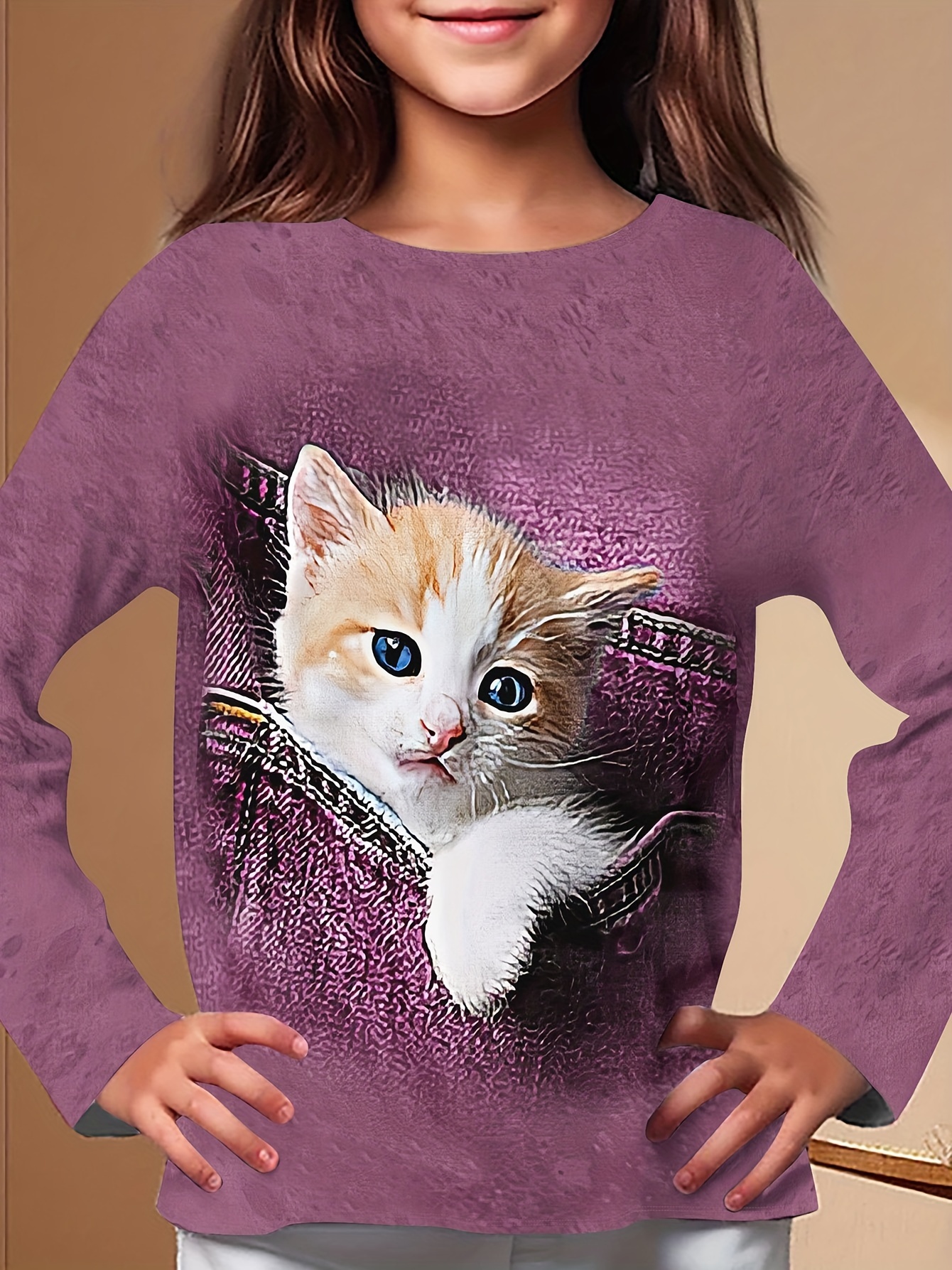 girls 3d pet cat print long sleeve t shirt casual knit top Temu