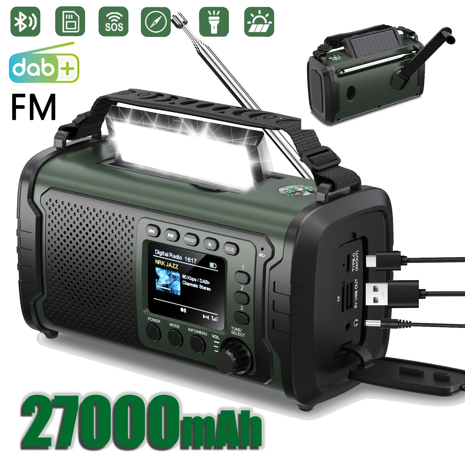 Image of 27000mah Solar-powered Emergency Radio Dab+/fm Emergency Radio With Power Bank - Solar & Crank Radio With Wireless, Sos, Torch & Reading Light For Camping, Motorhome & Power Outage