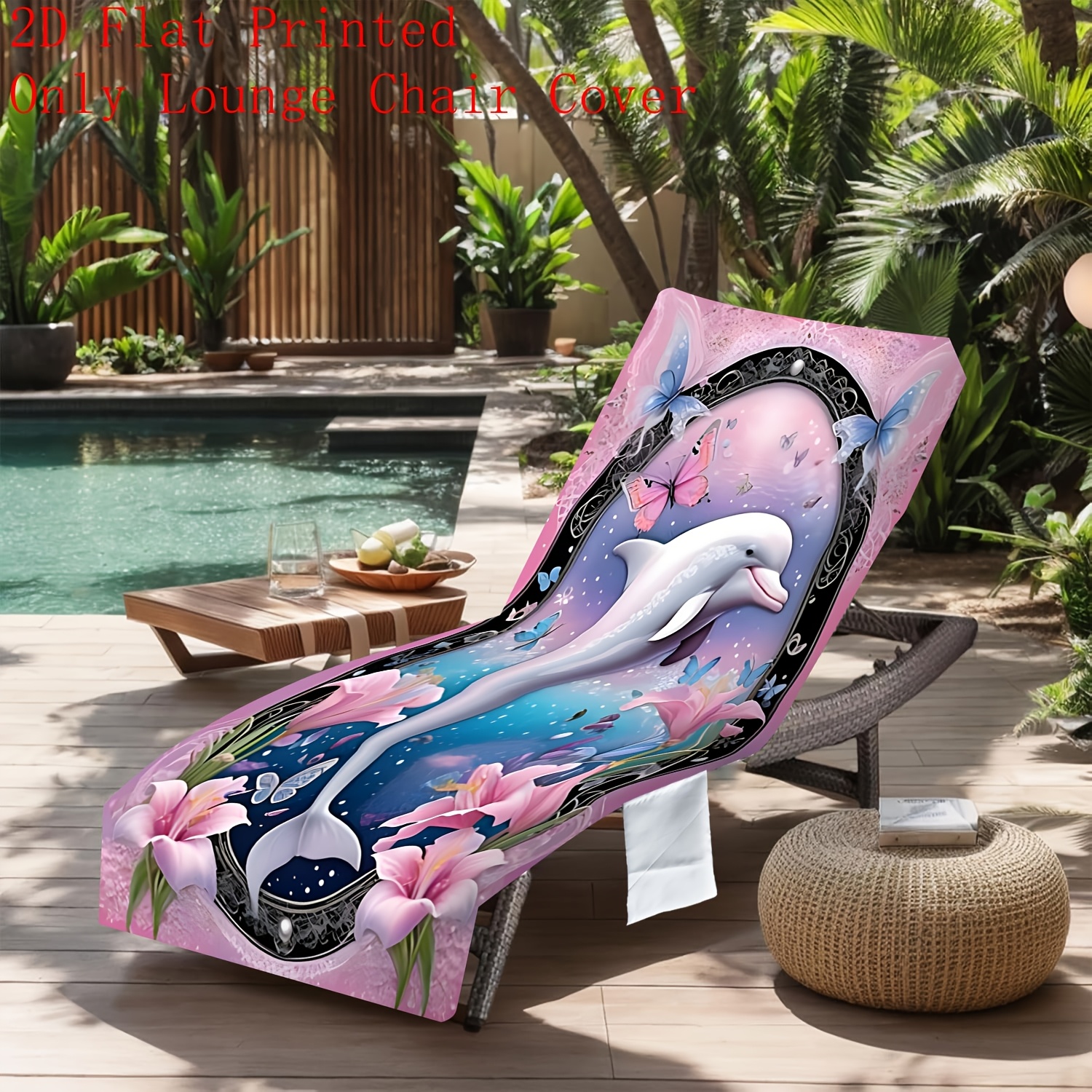 TEMU 2d Flat Printed 1pc Pink Floral Dolphin Outdoor Patio Lounge Chair Cover Slipcovers, Spring Summer Beach Pool Chaise Lounge Chair Towels