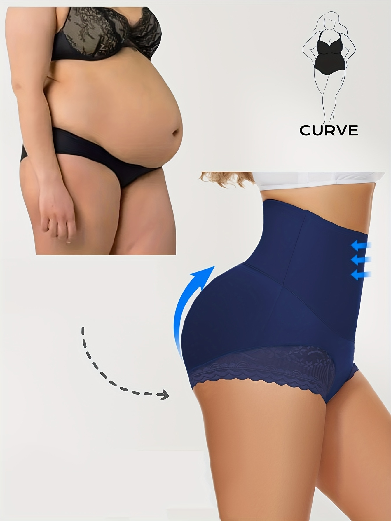 Women's Plus Size High Waist Shapewear Panties - Soft, Comfortable Nylon Blend with Lace Detail, Breathable & Elastic Tummy Control, Elegant Solid Color Briefs
