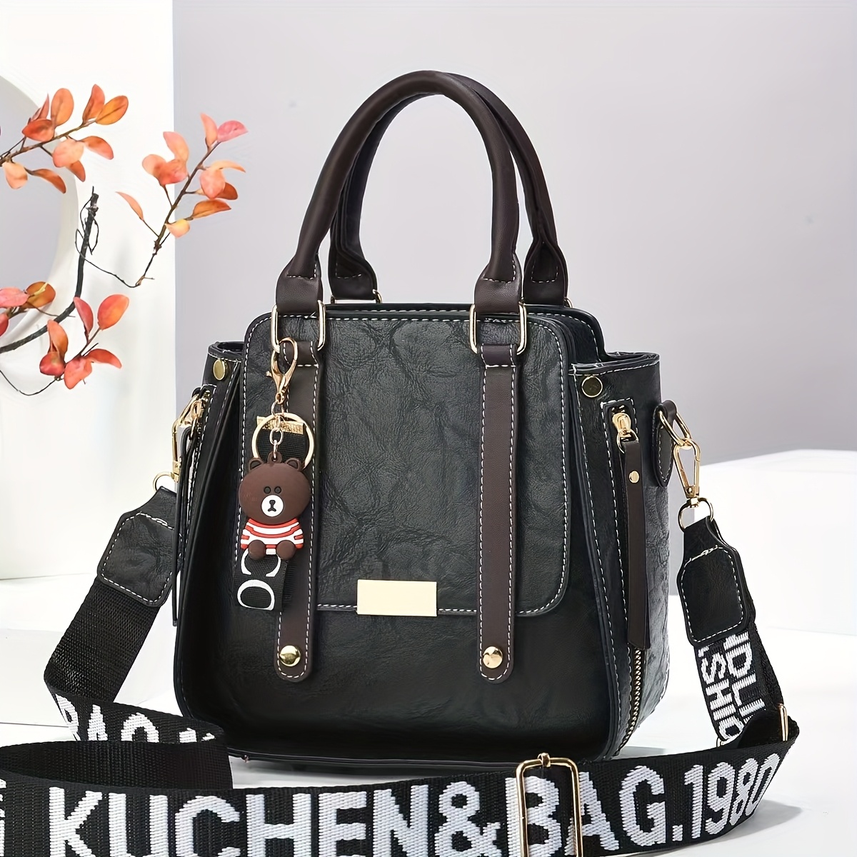 

Vintage Style Black Leather Handbag For Women, Fashionable Solid Color Shoulder Bag With Removable Strap, Casual Elegant Tote With Zipper Closure, Polyester Lined, Paint Detail, For