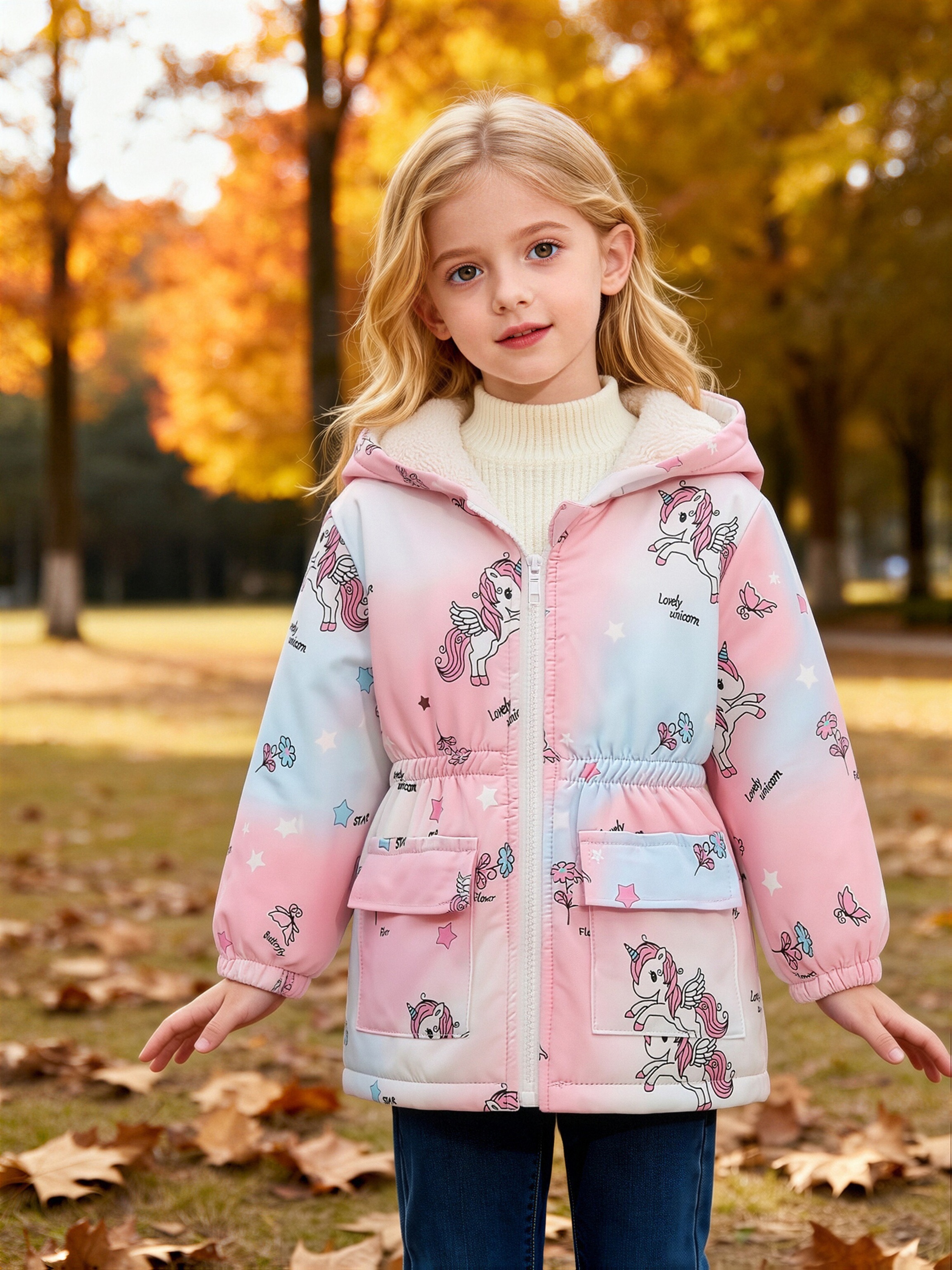item picture single piece girls jacket autumn winter   length loose fit hooded jacket with pockets drawstring waist casual academic sporty style cute animal print for autumn     family   full zip warm girls jacket
