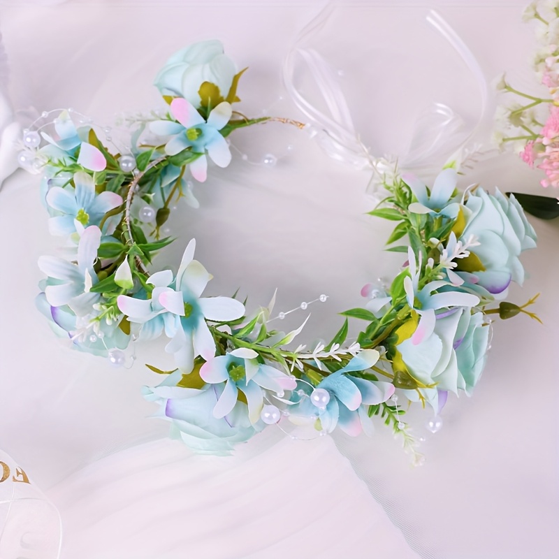 1pc elegant handmade faux floral wreath headband teal white  display picture 3