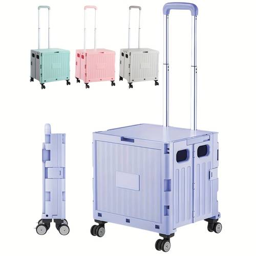 heavy duty foldable utility cart with 360 swivel wheels collapsible telescoping handle light purple plastic rolling crate for shopping office durable and portable utility wagon versatile storage solution sturdy construction