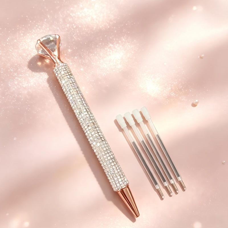 TEMU 5pcs Set: 1 Pen + 4 Replaceable Refills, Light -drill Ballpoint Pen Set, Shiny Artificial Diamonds, Creative Gift Writing Pen, Stylish Writing,
