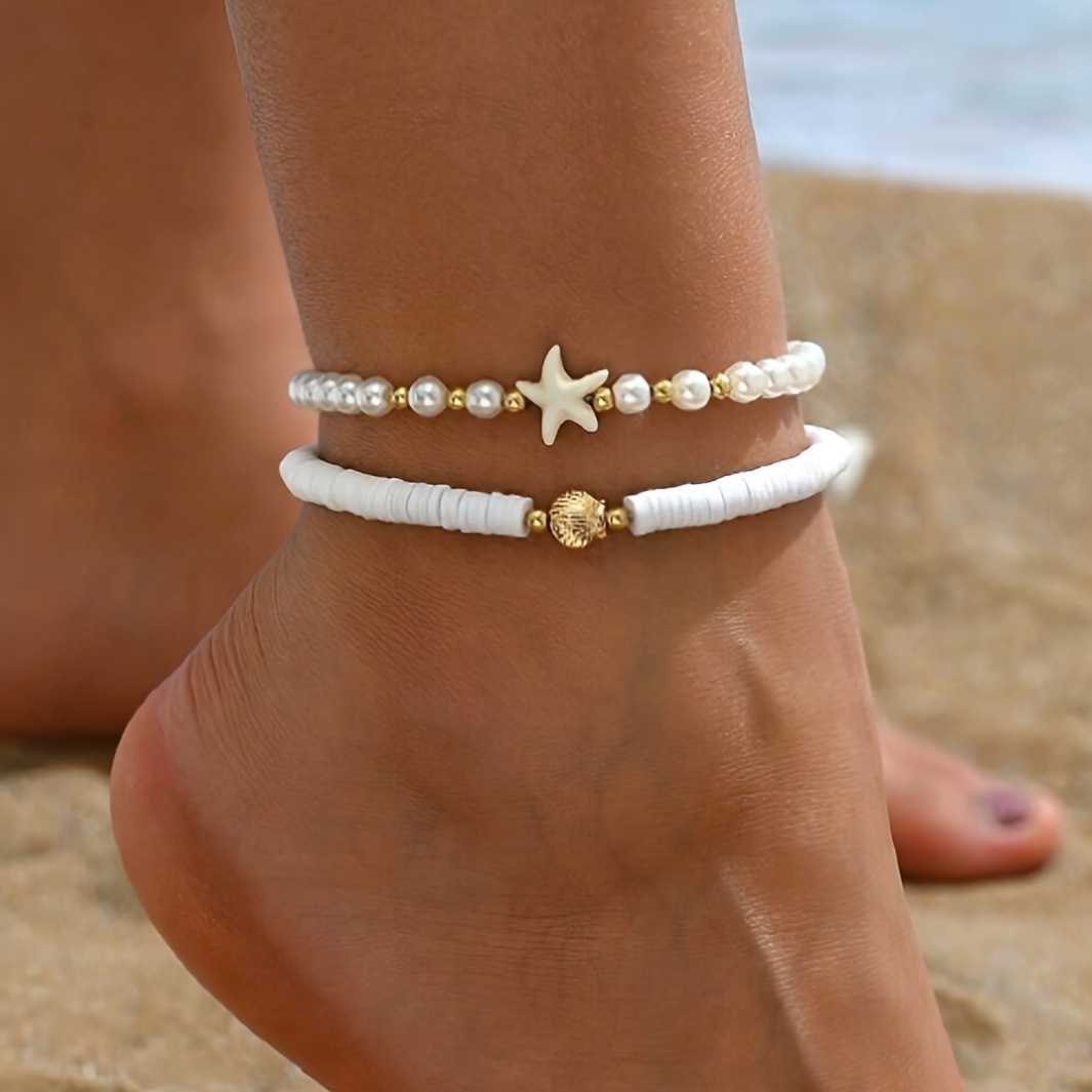 A Pair Of Versatile Bohemian Starfish And Scallop Woven Soft Clay Artificial Pearl Beaded Anklets Suitable For Women's Everyday And Vacation Outfits.