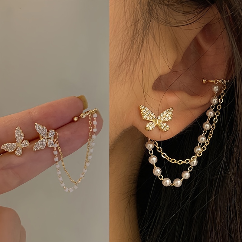 

1 Pair Of Temperament Simple Irregular Pearl Chain Tassel Micro Drill Earrings Ear Clip Set Girl Dating Party Fairy Earrings